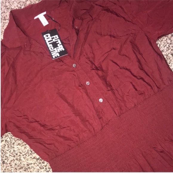 🆕 Future Collective Smock Waist Long Sleeve Collared Midi Dress Burgundy | NWT - Picture 7 of 8